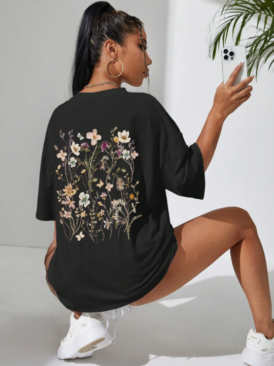 Essnce Floral Print Drop Shoulder Tee