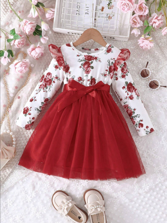 Young Girl Floral Print Ruffle Trim Mesh Hem Belted Dress