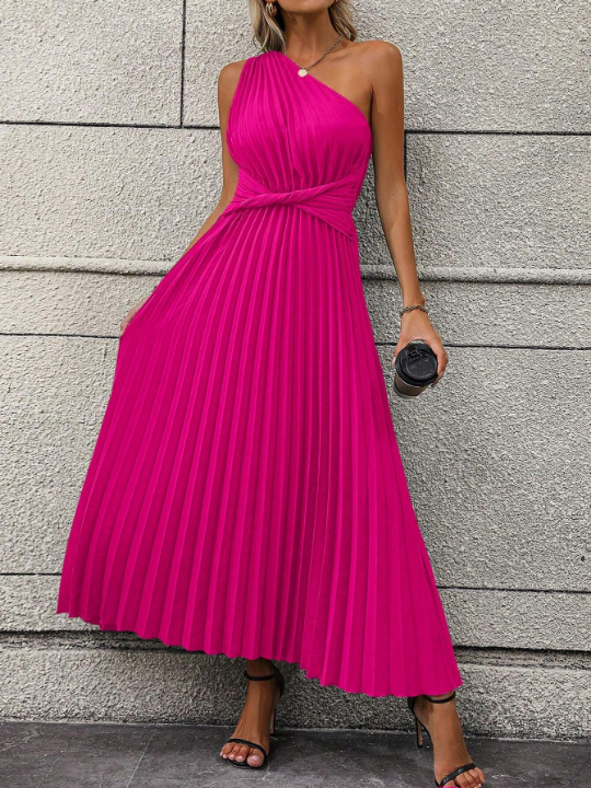 One Shoulder Twist Front Pleated Hem Dress