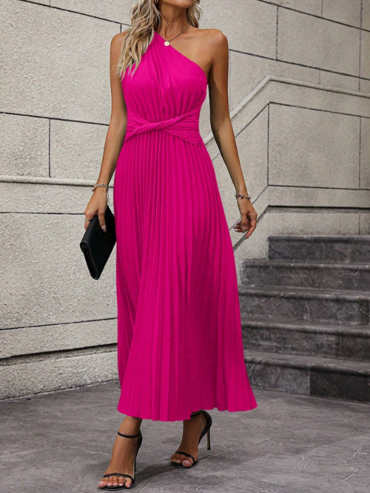 One Shoulder Twist Front Pleated Hem Dress