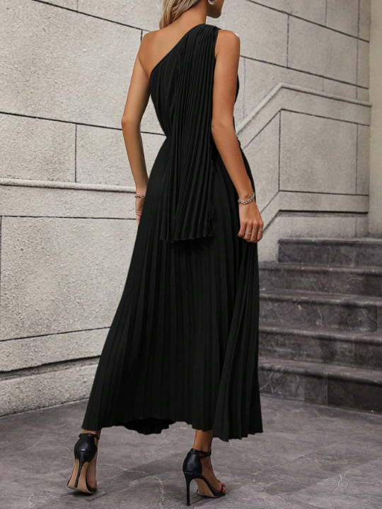 One Shoulder Twist Front Pleated Hem Dress