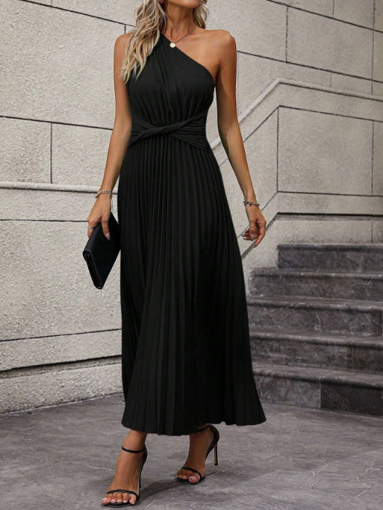 One Shoulder Twist Front Pleated Hem Dress