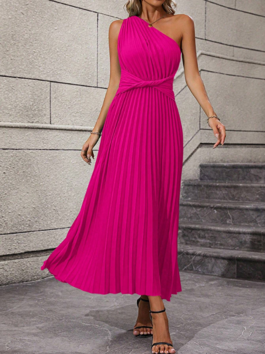 One Shoulder Twist Front Pleated Hem Dress