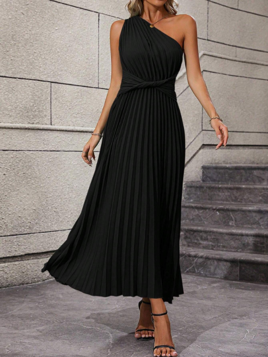 One Shoulder Twist Front Pleated Hem Dress