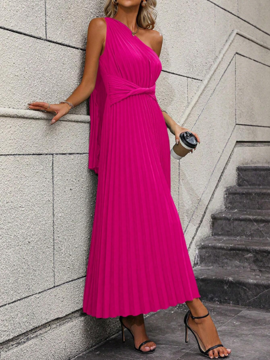 One Shoulder Twist Front Pleated Hem Dress