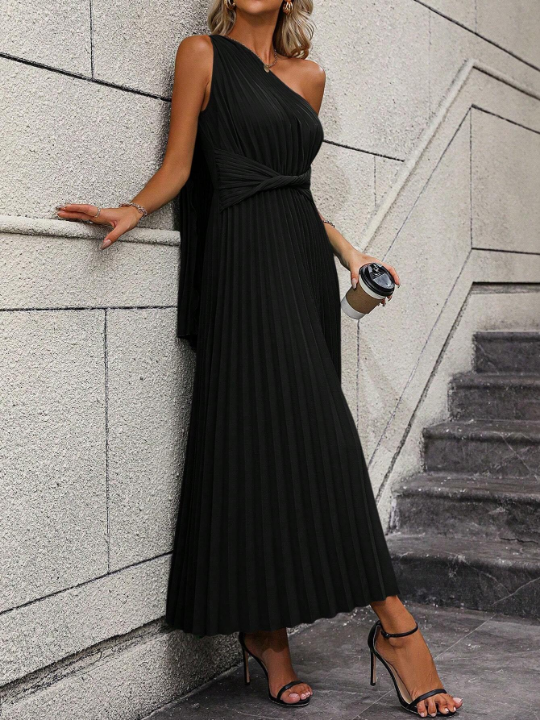 One Shoulder Twist Front Pleated Hem Dress