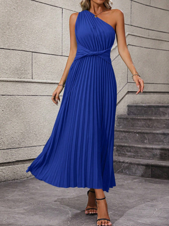 One Shoulder Twist Front Pleated Hem Dress