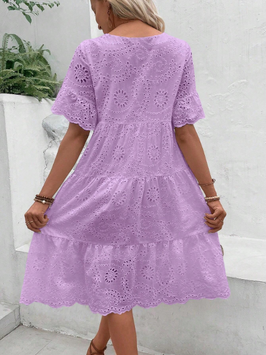 VCAY Eyelet Embroidery Ruffle Hem Smock Dress