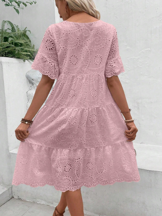 VCAY Eyelet Embroidery Ruffle Hem Smock Dress