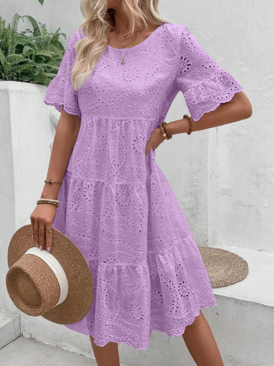 VCAY Eyelet Embroidery Ruffle Hem Smock Dress