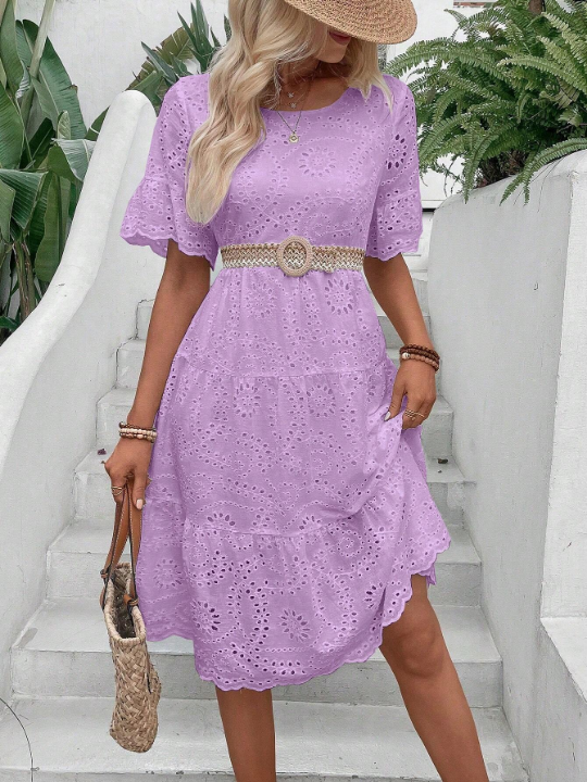 VCAY Eyelet Embroidery Ruffle Hem Smock Dress