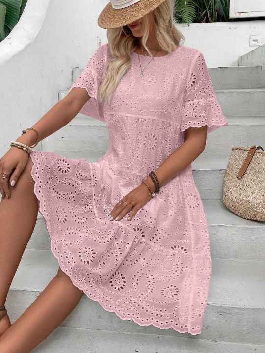 VCAY Eyelet Embroidery Ruffle Hem Smock Dress