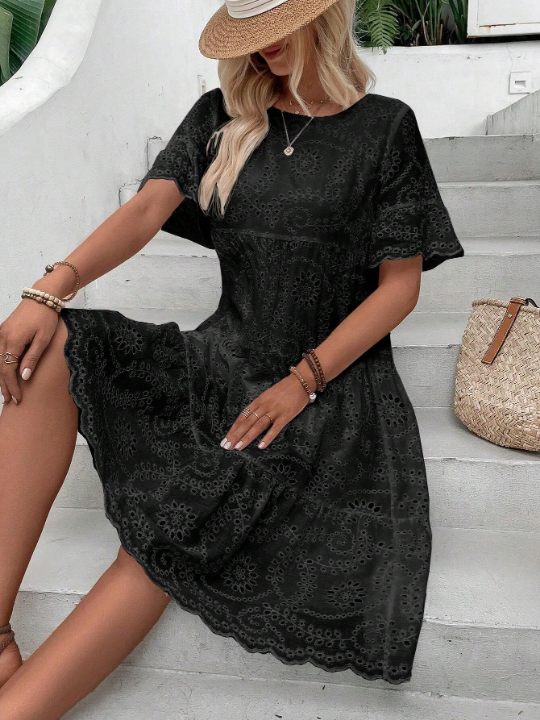 VCAY Solid Ruffle Hem Schiffy Smock Dress