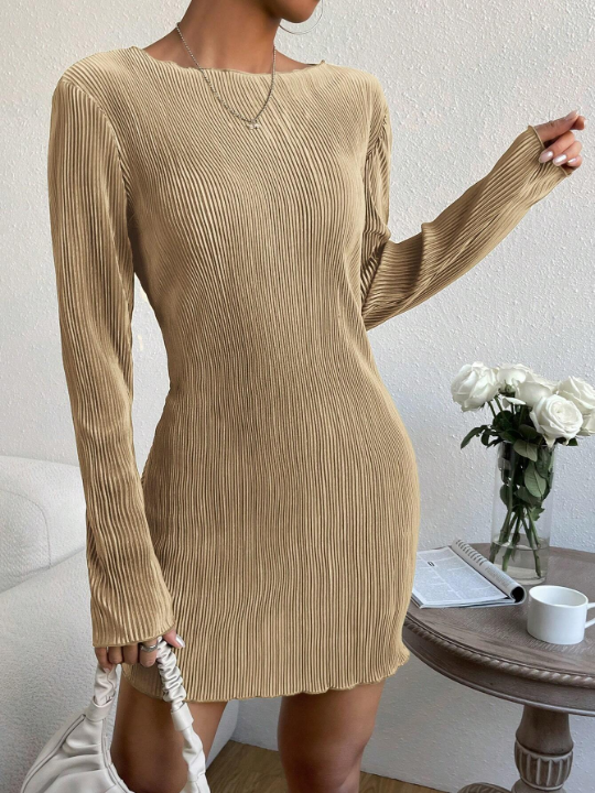 EZwear Solid Lettuce Trim Ribbed Knit Bodycon Dress