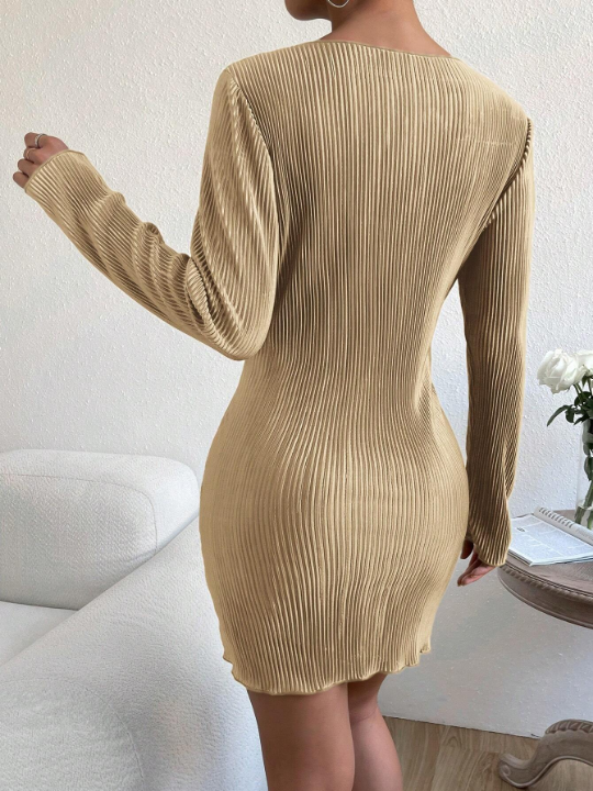 EZwear Solid Lettuce Trim Ribbed Knit Bodycon Dress