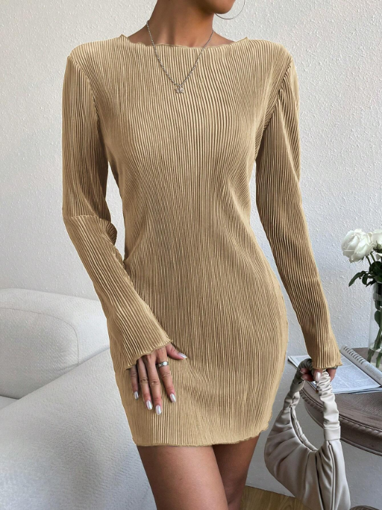 EZwear Solid Lettuce Trim Ribbed Knit Bodycon Dress