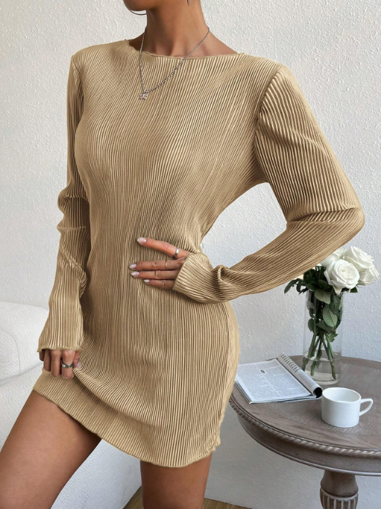 EZwear Solid Lettuce Trim Ribbed Knit Bodycon Dress