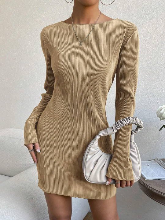 EZwear Solid Lettuce Trim Ribbed Knit Bodycon Dress