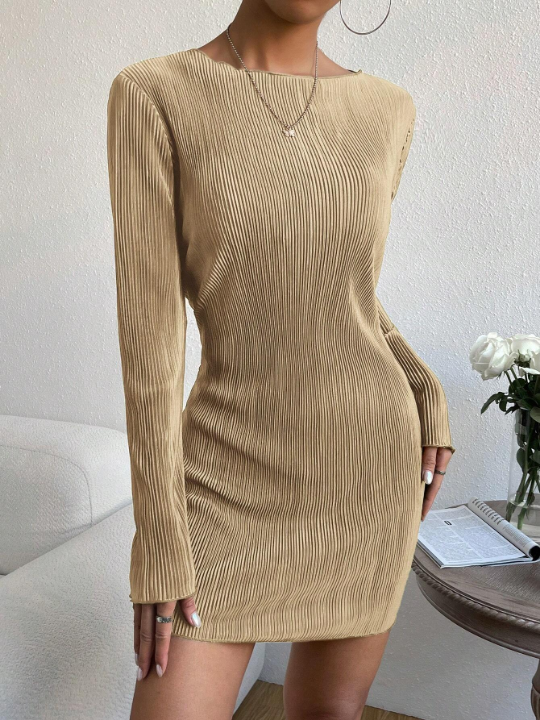 EZwear Solid Lettuce Trim Ribbed Knit Bodycon Dress