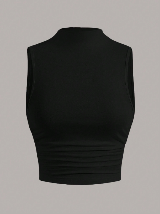 EZwear Black Mock Neck Ruched Tank Top