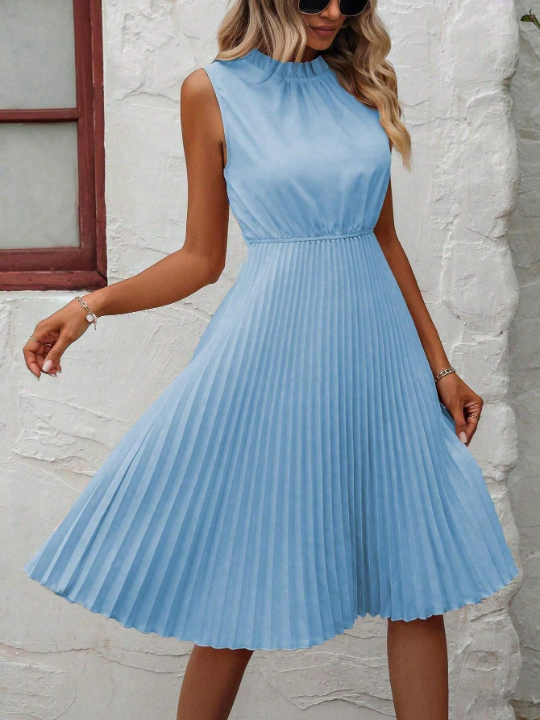 Frill Neck Pleated Hem A-line Dress