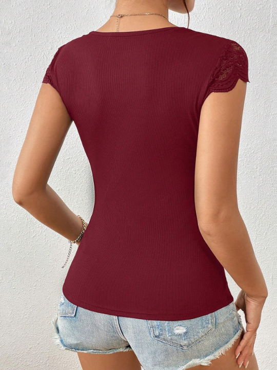 Frenchy Contrast Lace Ruched Tee