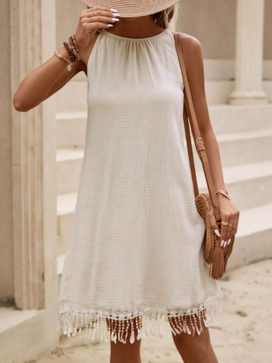 LUNE Solid Fringe Hem Tank Dress