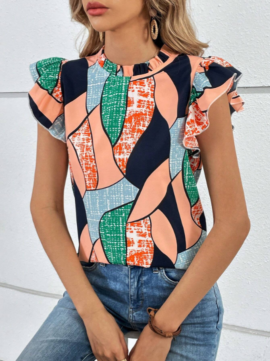 VCAY Allover Print Ruffle Trim Blouse