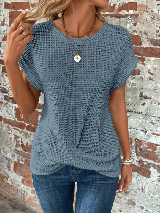 LUNE Solid Batwing Sleeve Twist Hem Waffle Knit Tee