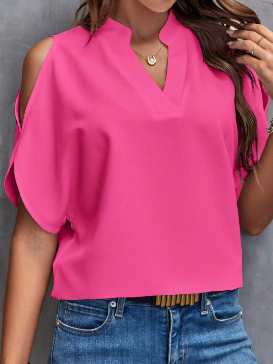 Clasi Notched Neckline Cold Shoulder Spring Blouse