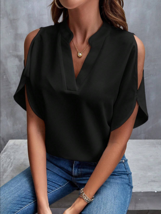 Clasi Solid Cold Shoulder Batwing Sleeve Popover Blouse Off Shoulder Top