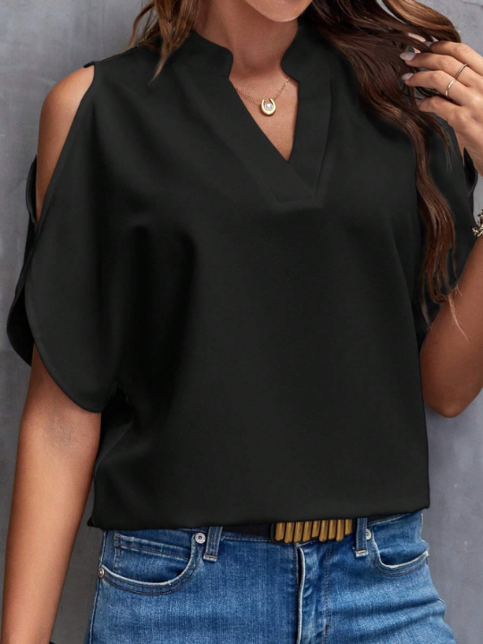 Clasi Solid Cold Shoulder Batwing Sleeve Popover Blouse Off Shoulder Top