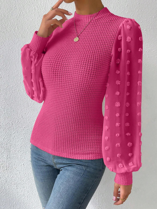 Privé Swiss Dot Lantern Sleeve Mock Neck Top