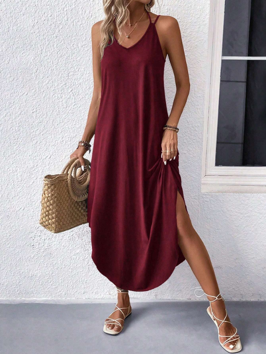 Solid Curved Hem Cami Dress