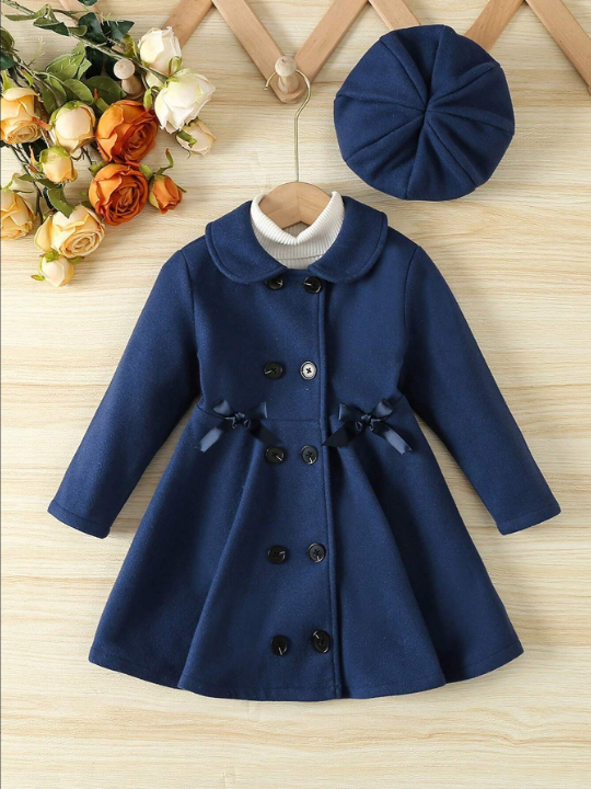 Young Girl Double Breasted Bow Front Overcoat & Hat Without Sweater