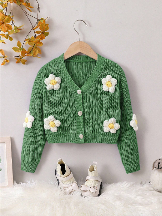 Young Girl Stereo Flower Drop Shoulder Button Front Cardigan