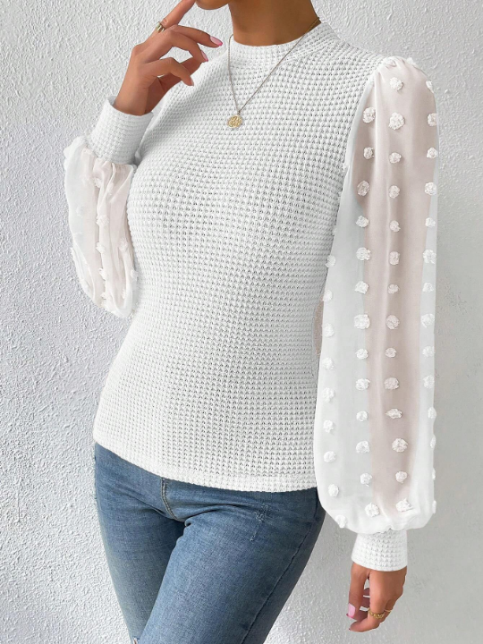 Privé Swiss Dot Lantern Sleeve Mock Neck Waffle Knit Top