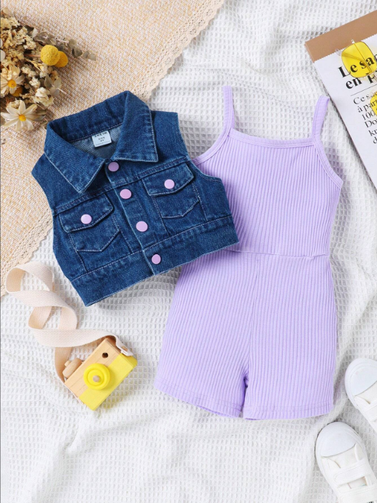 Young Girl Flap Pocket Vest Jacket & Ribbed Knit Cami Romper