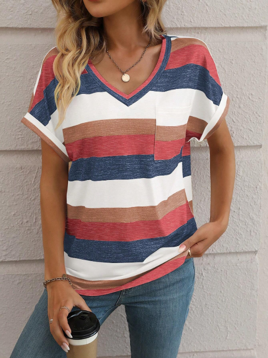 LUNE Striped Print Pocket Patched Batwing Sleeve Tee