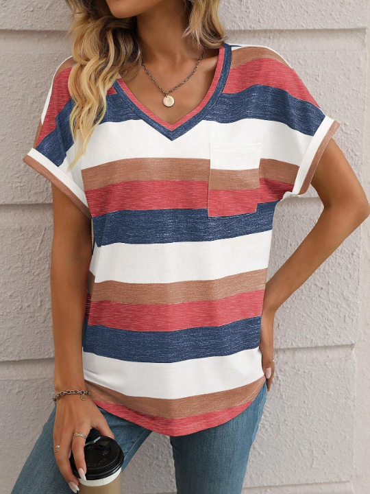 LUNE Striped Print Pocket Patched Batwing Sleeve Tee