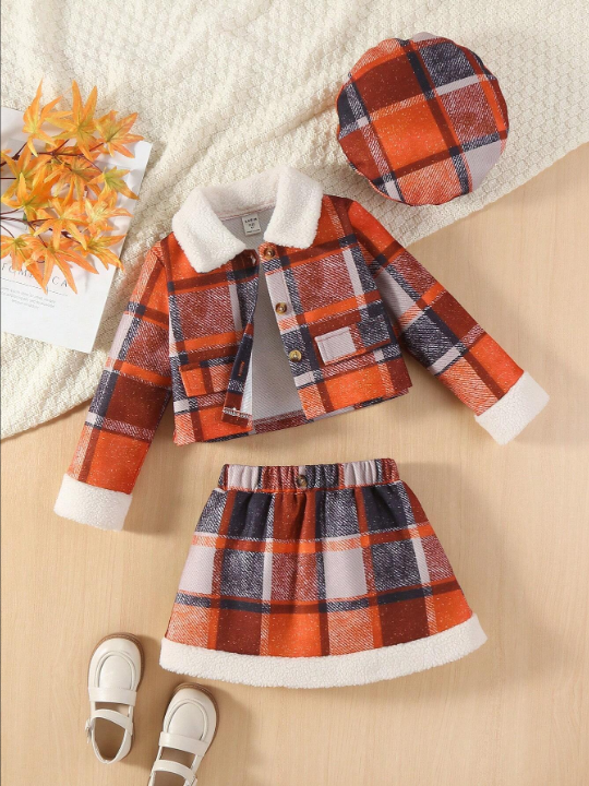 SHEIN Young Girl Plaid Print Borg Collar Flap Detail Jacket & Skirt & Hat