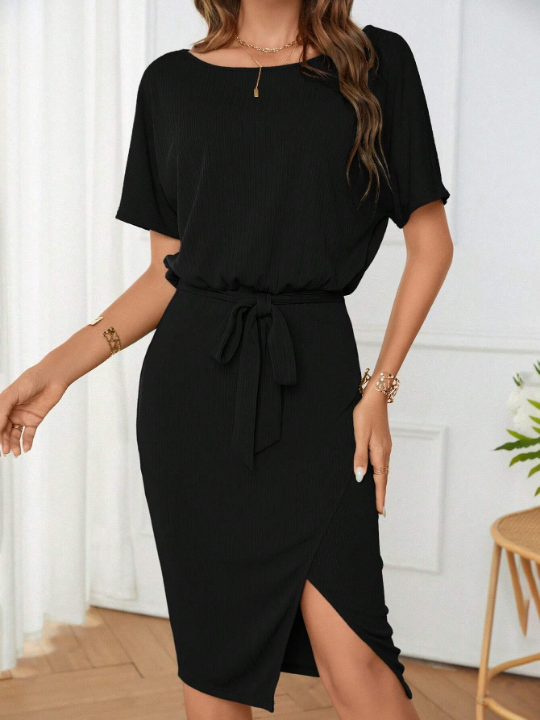 Clasi Solid Batwing Sleeve Split Thigh Belted Dress