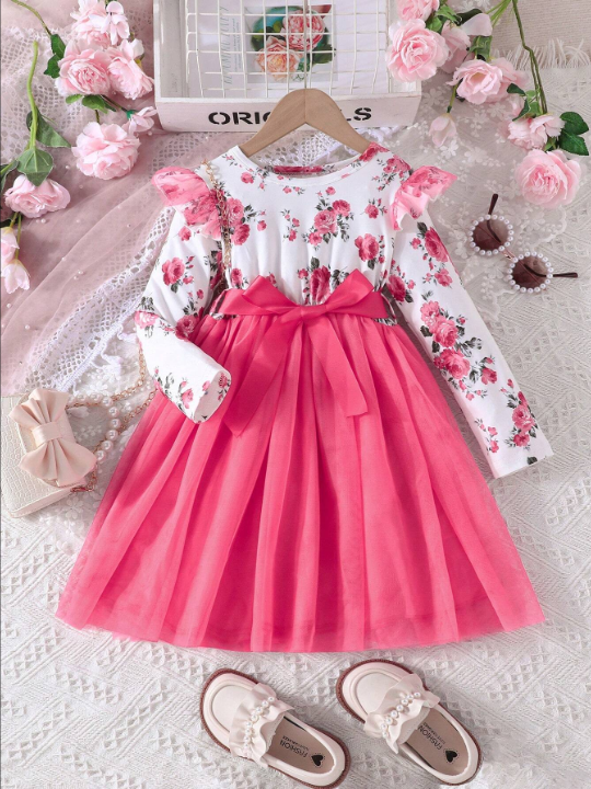 Young Girl Floral Print Ruffle Trim Mesh Hem Belted Dress