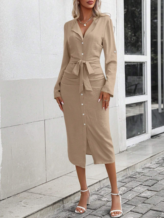 Roll Tab Sleeve Belted Shirt Dress