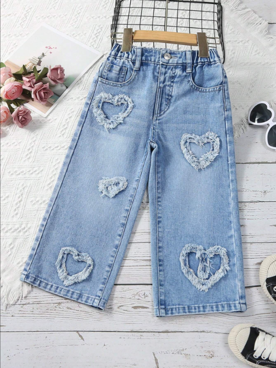 Young Girl Heart Patched Wide Leg Jeans