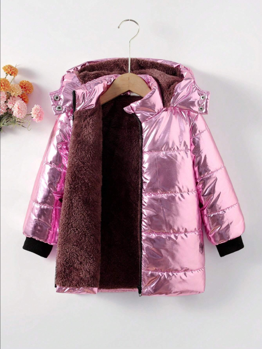 Young Girl Metallic Teddy Lined Hooded Puffer Coat