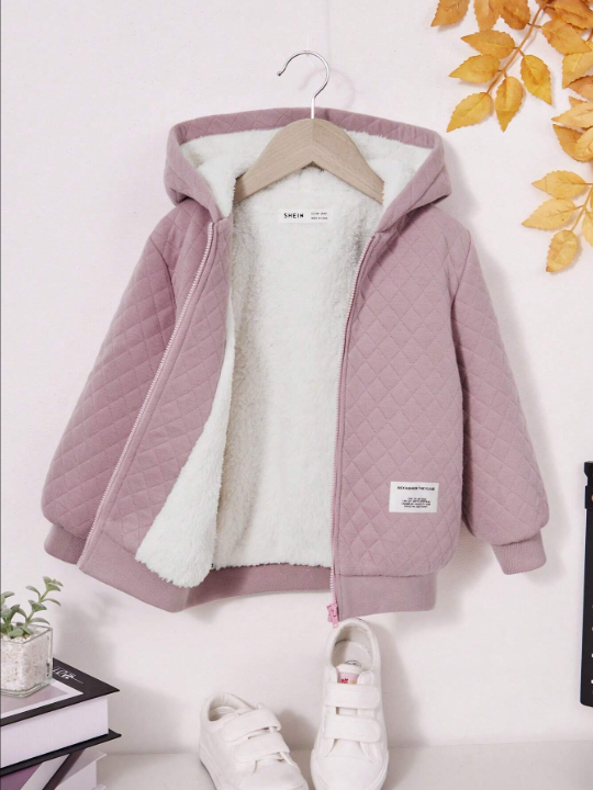 SHEIN Young Girl Letter Patched Detail Teddy Lined Hooded Jacket