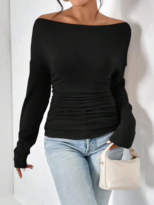 Essnce Asymmetrical Neck Ruched Tee