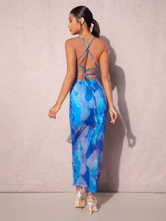 BAE Tie Dye Lace Up Backless Layered Ruffle Trim Cami Bodycon Dress