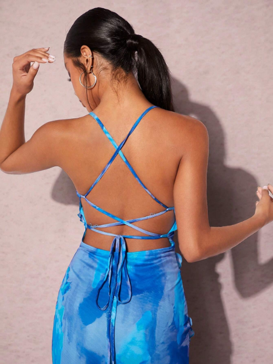 BAE Tie Dye Lace Up Backless Layered Ruffle Trim Cami Bodycon Dress